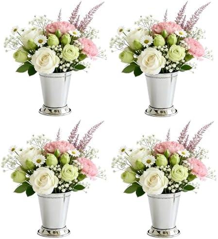 Set of 8 12oz Beaded Mint Julep Cups, Stainless Steel Silver Mint Julep Cups, Metal Cocktail Glasses for Margaritas, Beer & Juice, Ideal as Silver Vases for Home, Bar, Derby Party & Wedding Decor