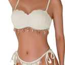 MakeMeChic Women's Bikini Set Textured Scallop Trim Shell Tie Back Bathing Suits (Beige)