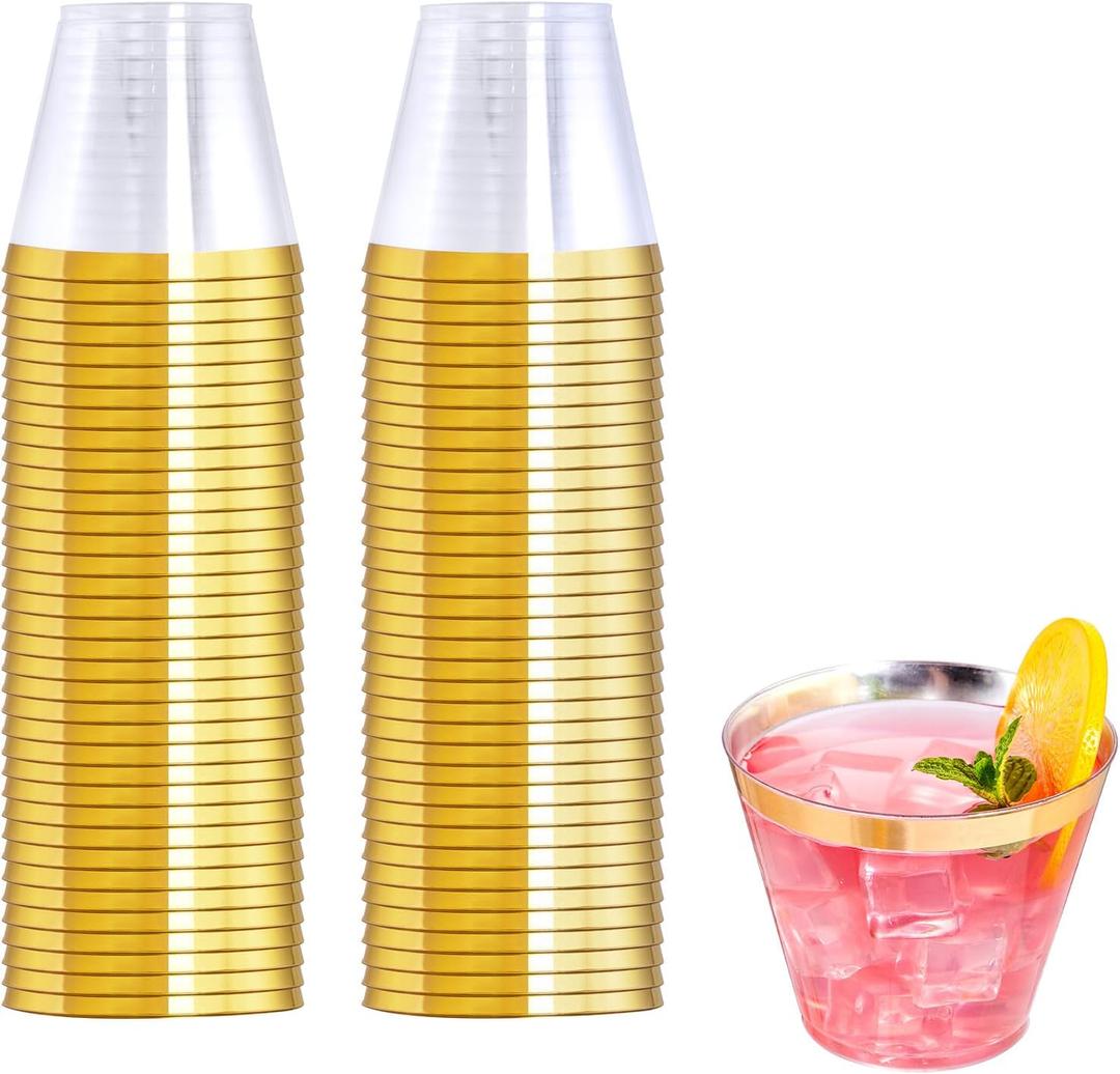 WELLIFE 120 PCS Gold Plastic Cups,9 oz Clear Plastic Cups,Disposable Glasses for Party and Wedding