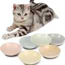 Ceramic Cat Food Bowl Set - 5.6 inch Colorful Cat Feeding Bowls with Non Slip Pads - Wide Shallow Whisker Friendly Plates Cute Dish - Microwave and Dishwasher Safe - 6 Pack - 5.3 oz