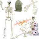 5.4ft/165cm Halloween Skeleton, Life Size Posable Skeleton with Glowing Eyes Creepy Sound, Full Body Realistic Human Bones with 2 Arm Stake for Halloween Indoor Outdoor Haunted House Decoration