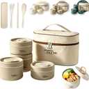 4 Tier Portable Insulated Lunch Container Set, Stackable Bento Box with Thermal Lunch Bag, Microwaveable Hot Food Container for Adults, Leakproof Thermal Food Container for Picnic, Work & Travel (Brown)