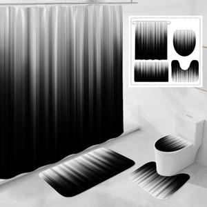 4 Pcs Grey and Black Gradient Shower Curtain Set with Rugs and Toilet Lid Cover, Modern Simple Waterproof Fabric Bathroom Set, Ombre Stripe Gothic Abstract Bathroom Decor Set Accessories