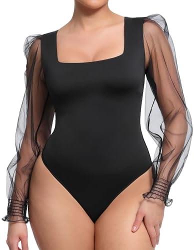 FeelinGirl Long Sleeve Bodysuit Square Neck Shapewear Body Suits Tummy Control Mesh Long Sleeve Bodysuit Going Out Tops L
