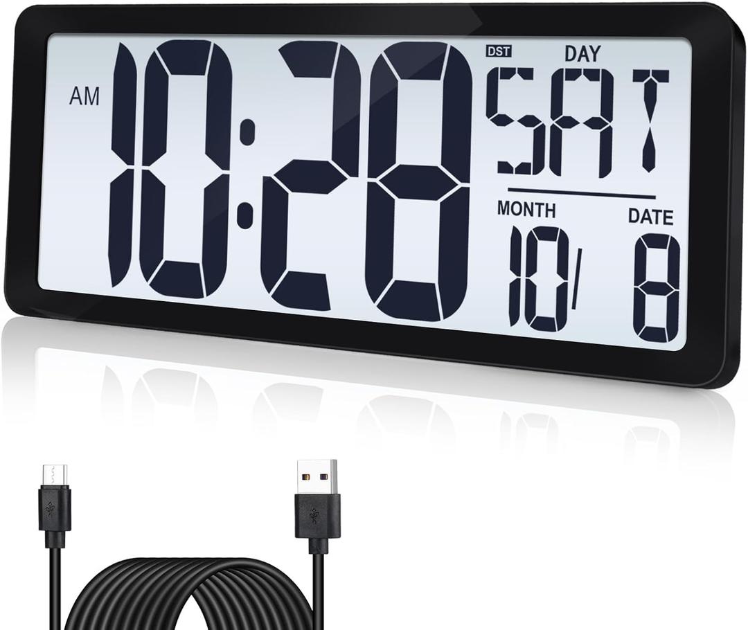 15 Inch Large Rechargeable Digital LCD Wall Clock with Backlight Glow in the Dark,Night Light Wall Clock with Week,Date & Temperature,DST,Alarm Display for Living Room, Bedroom, Gift for Elderly (Black)