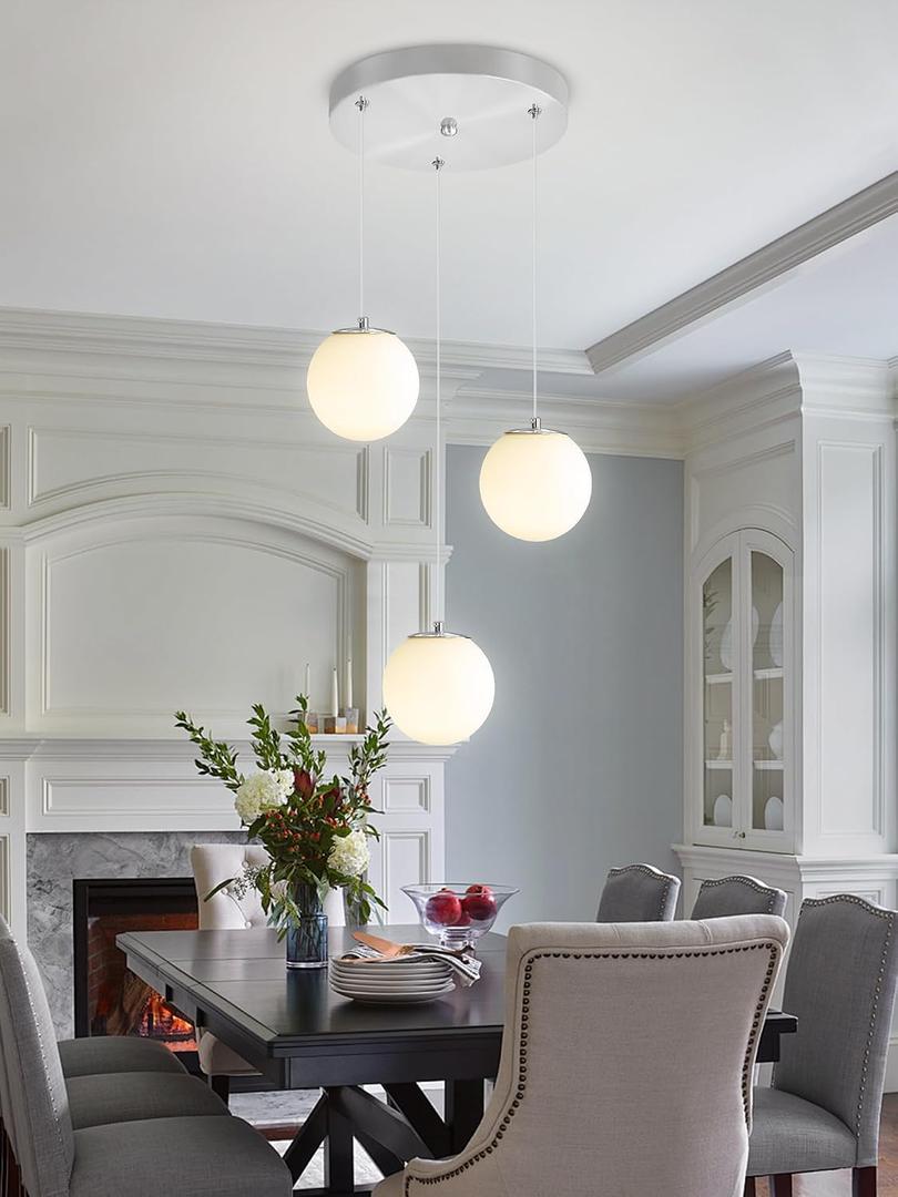 ykolupty 3-Light Globe Pendant Light for Kitchen Island Silver Pendant Light Fixtures with White Glass Globe Hanging Lights for Bedroom,Hallway,Bar