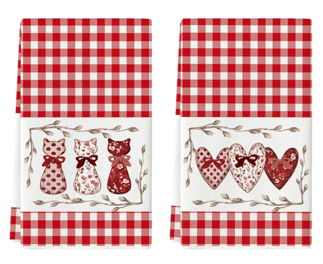 Artoid Mode Red Buffalo Plaid Love Heart Cat Valentine's Kitchen Towels Dish Towels, 18x26 Inch Anniversary Wedding Decoration Cleaning Set of 2