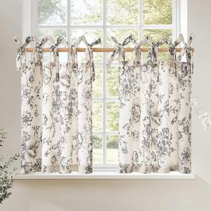 jinchan Floral Linen Tier Curtains 24 Inch Farmhouse Cafe Curtains Tie Top Botanic Drapes for Small Windows Over Sink for Kitchen Country Rustic Laundry Room Bathroom RV 2 Panels Black on Beige