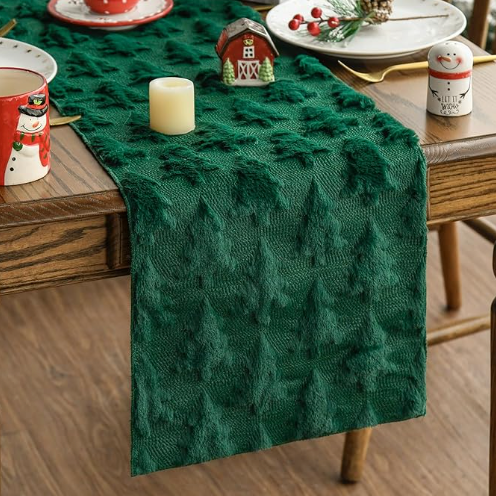 Hugestar Christmas Table Runner 13x72 Inch Faux Fur Jacquard Soft Yellow Christmas Tree Table Runner, Seasonal Holiday Kitchen Dining Table Decoration for Home Party