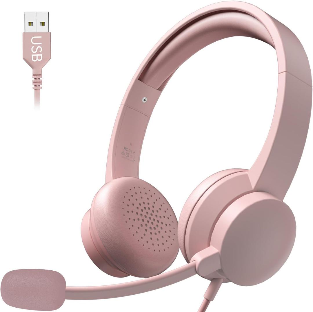 Wired Headphones with Mic USB Headset with Noise Cancelling Microphone, Computer Headsets with Microphone for Home Office (Pink)