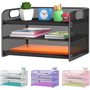 Samstar 3 Tier Letter Tray Paper Organizer with Handle, Mesh Desk Organizer Paper Sorter File Rack Shelves, Black
