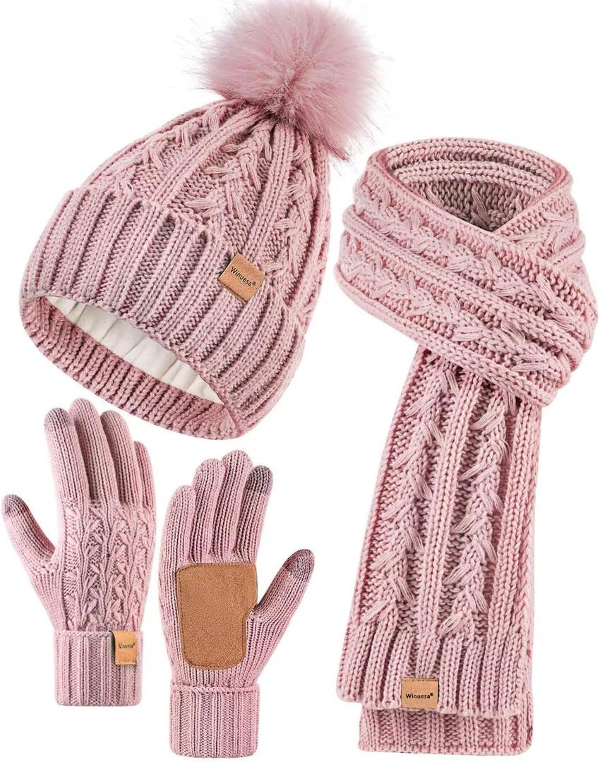 Womens Beanie Hat Scarf Gloves Set, Fleece Lined Winter Hat with Pom Pom, Long Knit Scarf Touchscreen Gloves for Cold Weather (Pink)