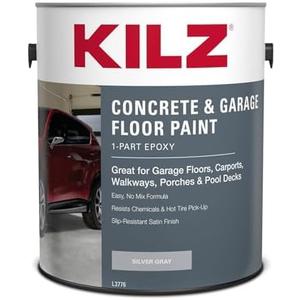 KILZ 1-Part Epoxy Acrylic Concrete & Garage Floor Paint, Silver Gray, Satin, Interior/Exterior Concrete Paint for Basement Floors, Porches, Driveways & Pool Decks, 1 Gallon