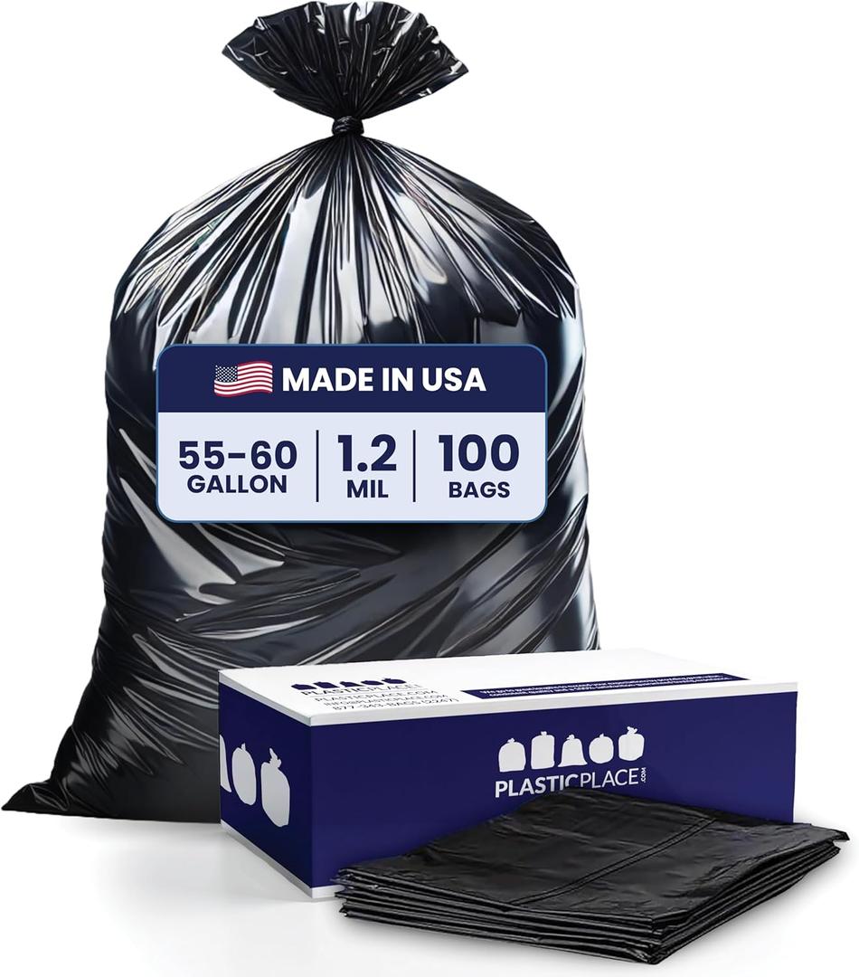 Plasticplace 55-60 Gallon Trash Bags, 1.2 Mil Heavy Duty Contractor Garbage Bags, Black Tear-Resistant Bags for Construction, Yard Waste, Industrial Use, Large 38 x 58 (100 Count)