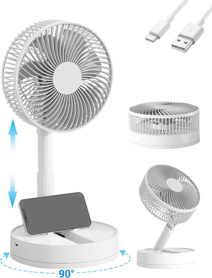 Desk Fan, 8-Inch Oscillating Portable Fan Rechargeable, 24H Run, 90 Rotate Small Fan for Bedroom, 4 Speeds8H Timer Quiet Mini Travel Fan, Battery Powered USB Fans for OfficeHome, White