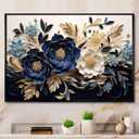 Ecyanlv Navy Blue Flower Canvas Wall Art 3D Floral Picture Blue and White Poster for Room Aesthetic Floral Painting Blue Gold and Beige Wall Art Flower Market for Living Room 16x24inch Frameless