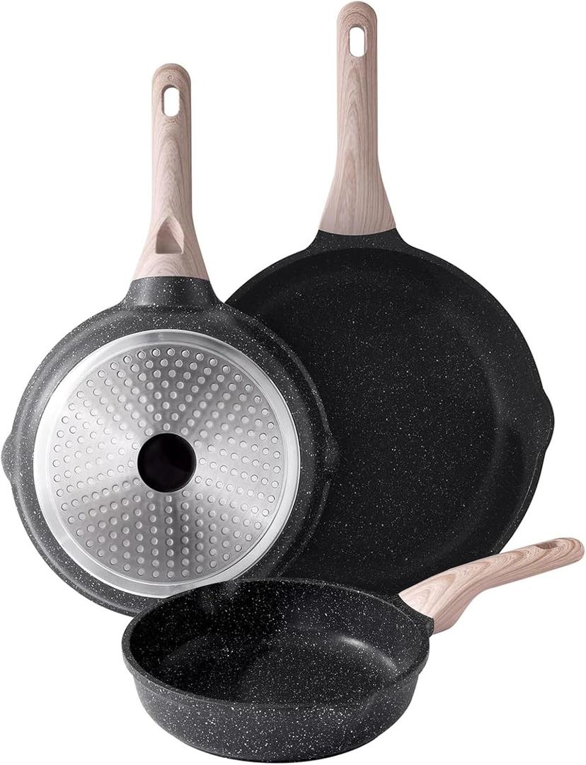 Kordisen Nonstick Frying Pan Set, 3 Piece Skillet Set, Healthy Induction Cookware Cooking Pan, Stay-Cool Handle, Compatible with All Stovetops, PFOA Free (9.5, 11, 12.5 Inch) (Classic Granite)
