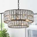 Black Crystal Chandelier 6-Lights Luxury Crystal Pendant Chandelier 20'' Drum Semi Flush Mount Ceiling Lights for Dining Room Foyer Living Room Bedroom Kitchen