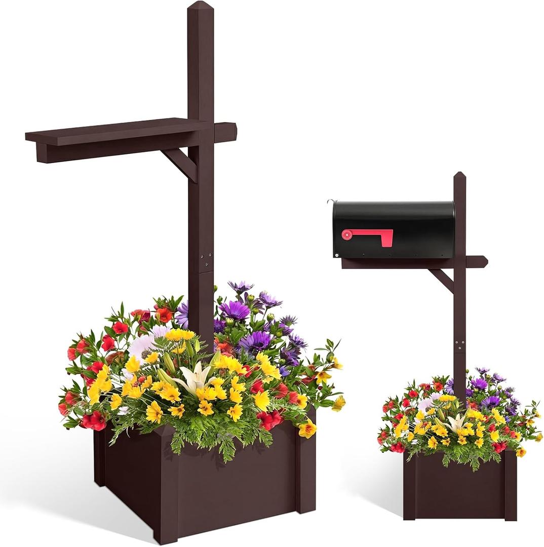 Colingmill 55 Inch/4.58 ft H Wooden Mailbox Post with Planter Box for Outside Decorative Post Flower Box(Not Included Mailbox)(Brown)
