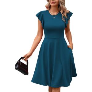 MSLG Women's Fit and Flare Ruffle Short Sleeves Dresses Work V-Back Cocktail Semi Formal A Line Dress with Pockets 842, Medium