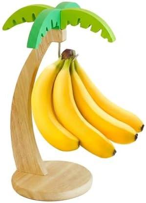 Wooden Banana Holder Stand with Stainless Steel Hooks - Decorative Banana Tree Storage Rack for Kitchen Countertop, Under Cabinet, or Pantry, Fruit Hammock Keeper & Organizer