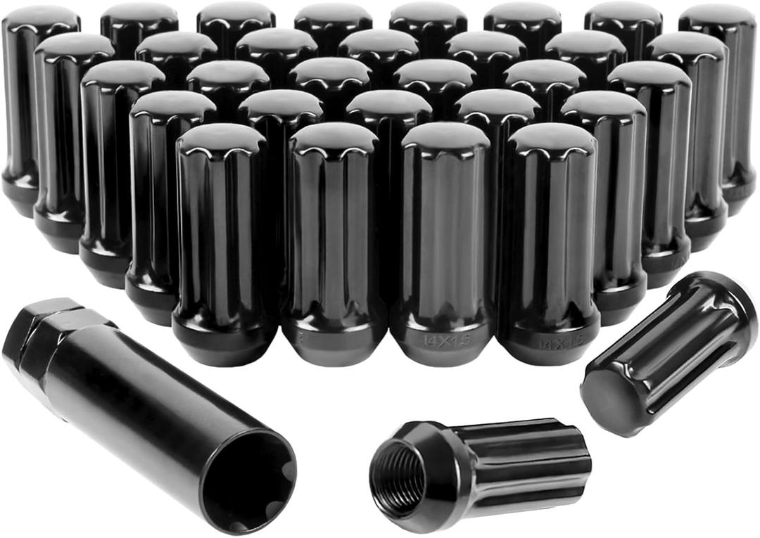 Set of 32, m14x1.5 Lug Nuts XL Spline for Silverado Suburban Express Sierra Ram 2500 3500 F250 F350 8 Lug Aftermarket Wheels Lug Nuts, Conical Bulge Seat, Closed End W/ 1 Socket Key, Black