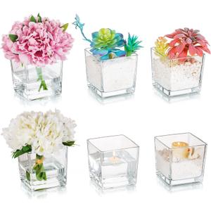 Square Glass Vases Set of 6  Hewory 5"x5" Clear Cube Flower Vase Candle Holders for Wedding Centerpieces Home Decor Events Party Ceremony (Not Include Flower and Candle)