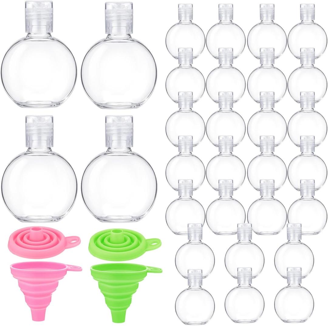 Aurelema 30 Pcs 1 oz Round Sanitizer Bottle Circle Plastic Mini Clear Empty Hand Sanitizer Bottles with Foldable Funnels Portable Reusable Containers for Business Trip Outdoor Camping Shampoo Liquid