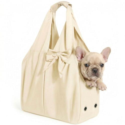 Dog Purse Carrier for Small Dogs and Cats, Soft-Sided Puppy Tote Bag Under 15 lbs, Lightweight Pet Carrier with 4 Pockets, Smart Zipper Lock, Pet Travel Bag for Travel Outdoor(Beige)