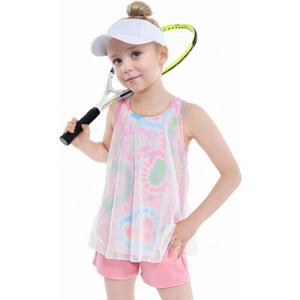 Gogokids Girls 2 Piece Activewear Set, Tulle Sleeveless Tank Tops and Athletic Shorts (Green)