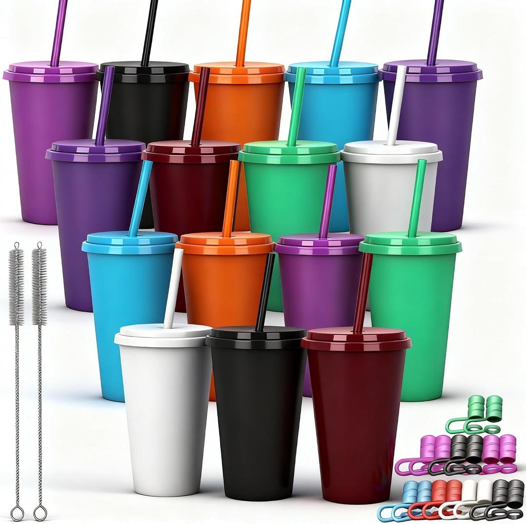 Plastic Tumblers with Lids and Straw, 16 Pack Reusable Iced Coffee Cups for Travel and Parties and Party Birthdays, 24oz (16, Crimson)