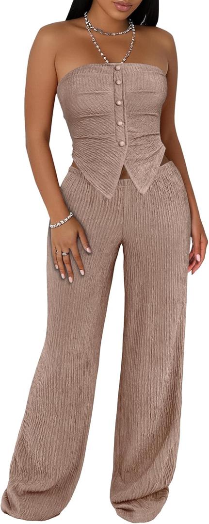 LovelyWholesale Sexy 2 Piece Outfits for Women Textured Tube Top and High Waist Wide Leg Pant Set, X Large