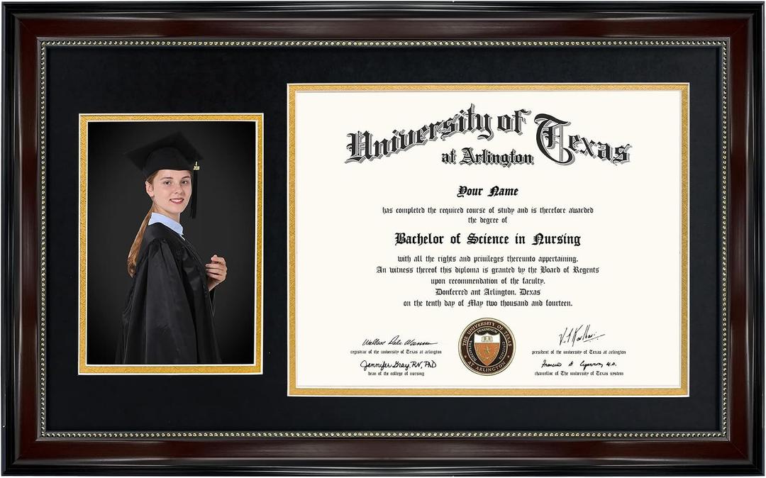 GraduationMall 11x19 Mahogany Diploma and Photo Frame for 8.5x11 Certificate,5x7 Picture,Real Glass,Black over Gold Double Mat, 13x21.5x1.5 inches