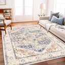 Area Rug 5'x7' Blue Khaki Washable Vintage Traditional Floor Cover Thin Retro Kitchen Indoor Distressed Non Slip Carpet Floral Print Mat for Living Room Bedroom Dining Room