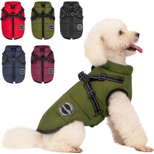 Warm Dog Winter Coat, Fashion Sports Cold Weather Jacket with Built-in Harness, Reflective & Adjustable Comfortable Pet Vest, Windproof Apparel for Small Medium Large Dogs (Green), Size S