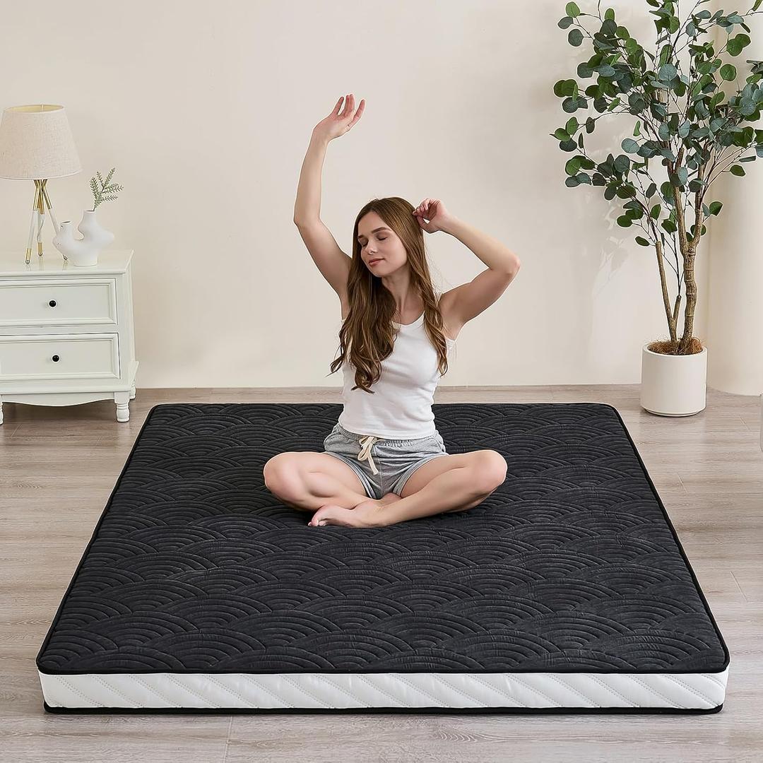 Zelladorra Japanese Floor Mattress, Quilted Futon Mattress with Anti-Slip Bottom, Foldable Floor Bed with Storage Bag and Straps, (Black, Full（80" x 54")