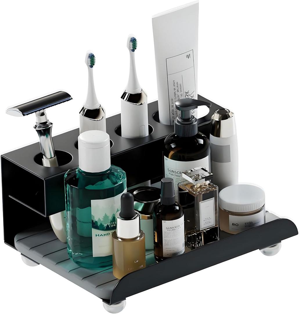 YOOLENS Quick Dry Electric Toothbrush Holder 4 Slots Metal Bathroom Counter Organizer for Toothpaste Razor Mouthwash, Black