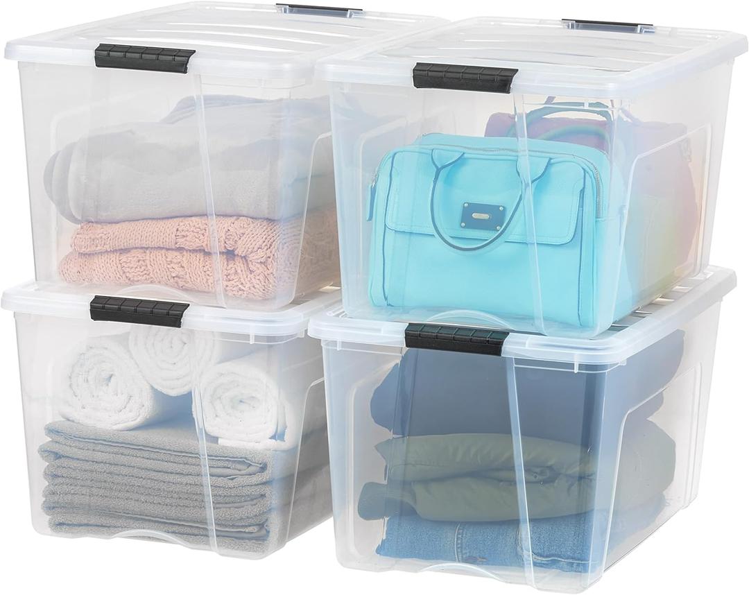 IRIS USA 68 L (72 QT) Plastic Storage Box with Lid and Latches - 4 Pack - BPA-Free, See-Through Organizing Solution, Durable Nestable Stackable Containers, Secure Pull Handle - Clear