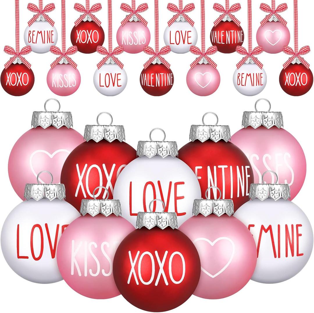 Vinsot 12 Pcs Valentines Day Ball Ornaments Pink Red White Ornaments 2.36 Inch Plastic Tree Decorations Kiss Be Mine Love Hanging Decorations Valentines Decor for Tree Home Wreath Party Decor