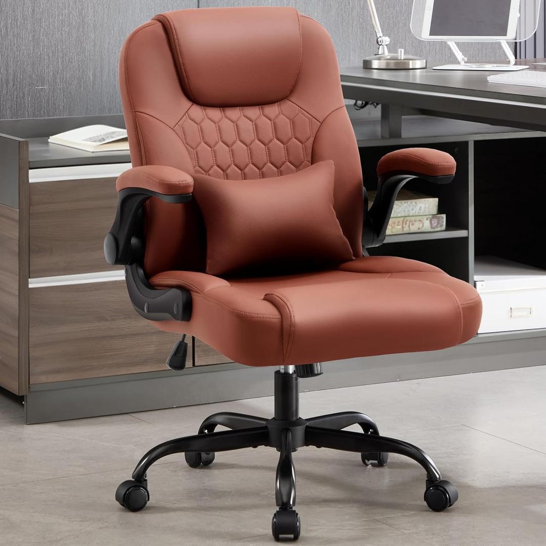 Executive Office Chair PU,Leather Office Chair with Wheels,360 Swivel Rolling Chair with Padded Arms,Ergonomic Computer Chair with Lumbar Support for Short People Use(Brown), Standard