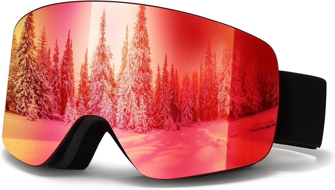 Ski Goggles YH227,Over Glasses Snowboard Goggles,UV 400 Protection Anti Fog Snow Goggles for Adult Men Women Youth (Black Frame-full Revo Red-vlt 16%)