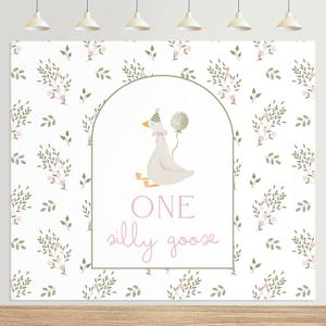 One Silly Goose Backdrop 6.5 x 5ft 1st Birthday Party Decoration One Silly Goose Banner Background Pink Farm Animal Background Prop for 1st First 1 Year Old Birthday Party Decoration
