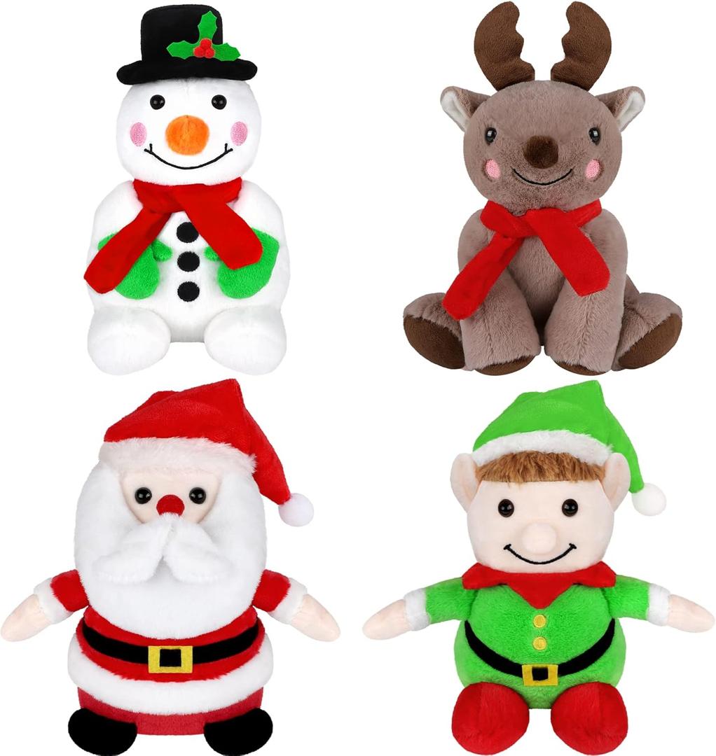 Elcoho 4 Pieces 7 inch Christmas Stuffed Animals Set Plush Toys Christmas Decoration Doll Set Santa Claus Snowman Elk Elf Xmas Party Favors