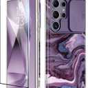 GVIEWIN for Samsung Galaxy S24 Ultra Case with Slide Camera Cover+Screen Protector, [Military Grade Shockproof] Marble Protective Slim & Tough Phone Case for S24 Ultra 6.8"(Quicksand/Purple)