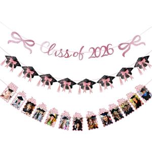 Frienda 3 Pcs Pink Graduation Photo Banner Party Decoration K-12 Glitter Bow Grad Cap Congrats Grad Picture Banner Class of 2026 Graduation Decoration Middle High School College Party Supplies