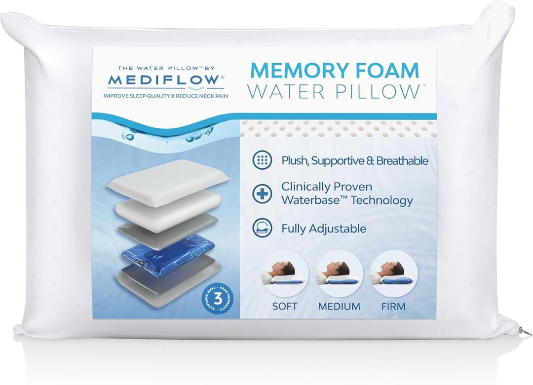 Mediflow Water Pillow with Memory Foam  Adjustable Waterbase; One-Piece Foam; Clinically Shown to Reduce Neck Pain; Deep, Uninterrupted Sleep; Side/Back/Stomach Sleepers, Standard/Queen (Single Pack) (White)