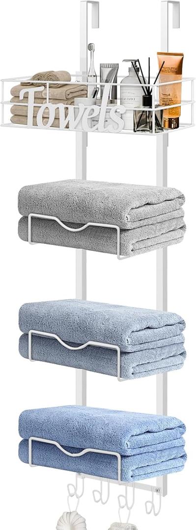 Over The Door Towel Racks, No Drill Towel Storage with Basket & Hooks, Space-Saving Multi-Functional Towel Holder for Bathrooms, bedrooms, Apartments, RVs (White, 5 Tier)