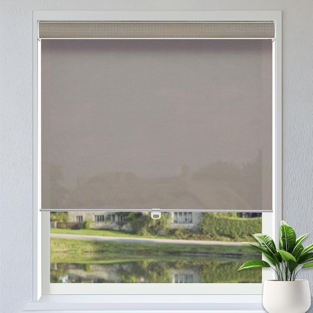 Persilux Custom Size Cordless Solar Shades for Windows - Roller Shades with 5% Openness, UV Protection, Fire Retardant, Light Filtering - Roller Blinds for Home, Office - Cocoa