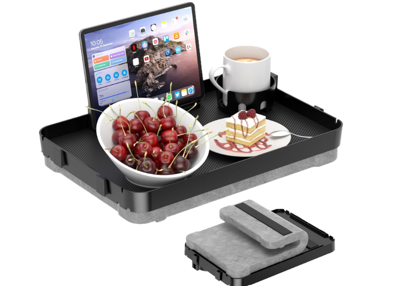 Lap Tray with Cushion Plastic Lap Desk with Cushion 15.5”Large Breakfast in Bed Tray with Removable Cushion & Cup/Phone Holder, Lap Table with Laptop Pocket for Couch TV Adults Eating Gaming Black