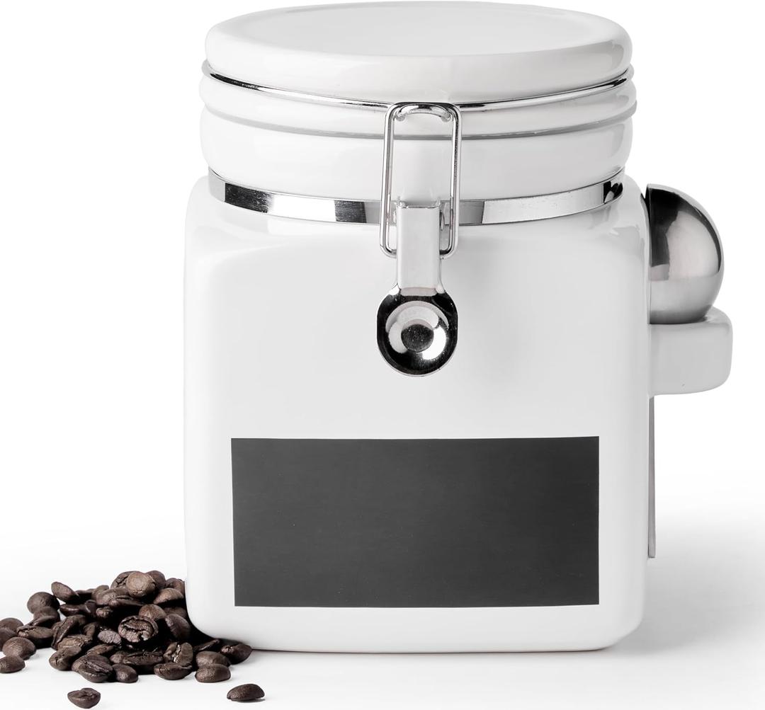 Ceramic Coffee Canister with Airtight Lid and Scoop, Large 74 Fl Oz / 2.2 L Kitchen Food Storage Container Jar for Grounds Coffee, Beans, Tea, Sugar, Flour, Cereal, Nuts, Cookie, White